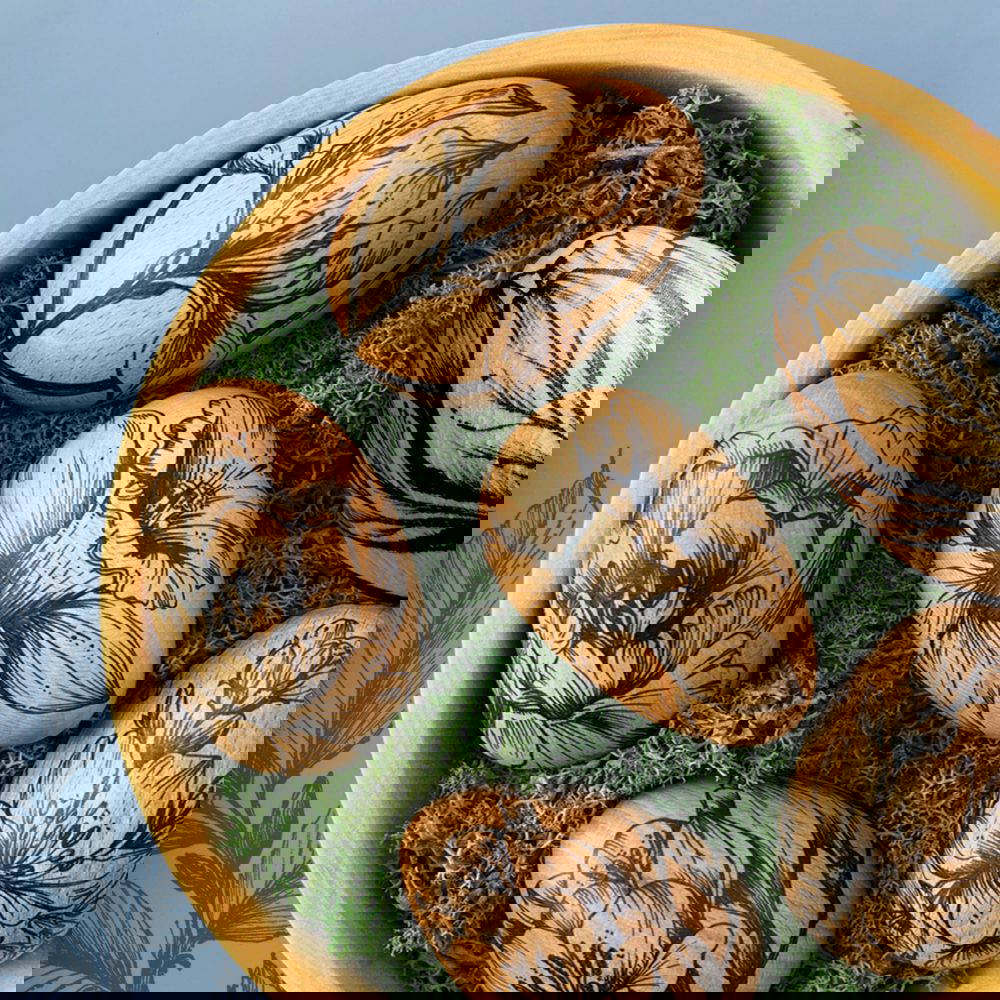 Skew and Ink decorated egg collection in bowl